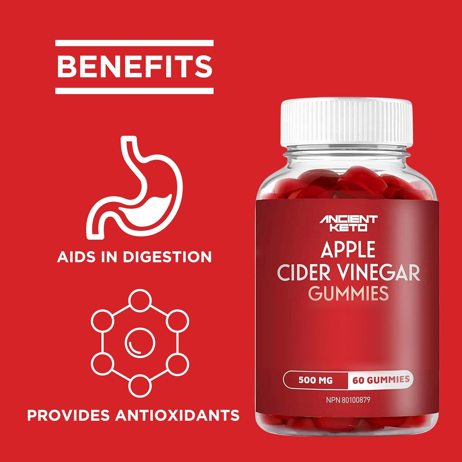 Ancient Keto Sugar Free Apple Cider Vinegar Gummy, Supports Healthy Digestion, Gut Health, Gluten Free, Vegan, Great Tasting ACV Sugarless Gummies, 500mg Apple Cider Vinegar per Serving, (60 count